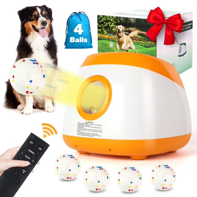 Automatic Ball Launcher for Dogs Dog Ball Thrower Launcher with 40-80Ft Distance Rechargeable Automatic Dog Ball Launcher with 4 Balls (2.5") Remote Control Ball Launcher for Medium & Large Dogs